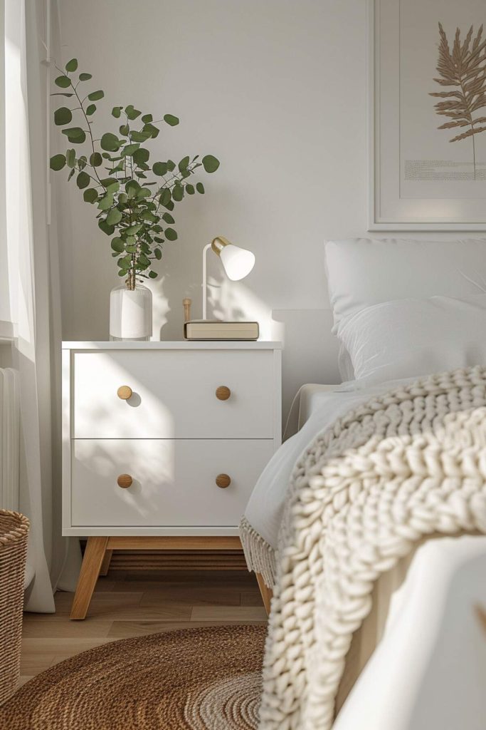 a white bedside table with a desk lamp and a tall eucalyptus plant on it