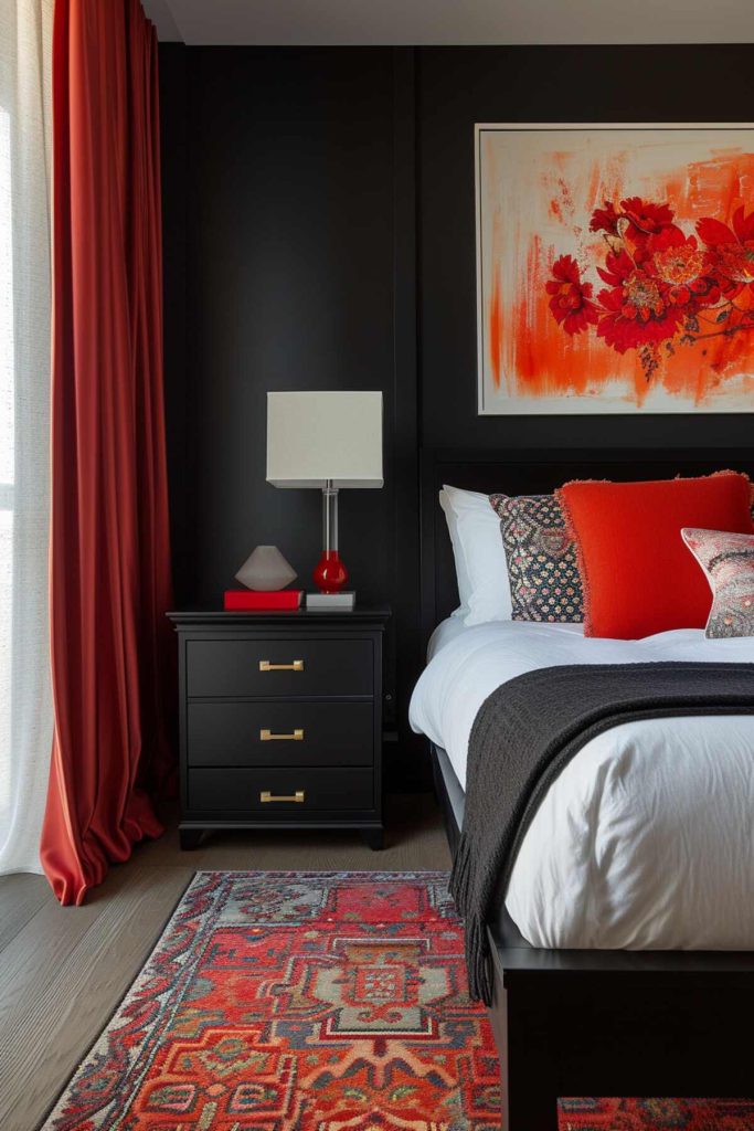         elegant black bedside table with a lamp with a square lampshade and a red accent