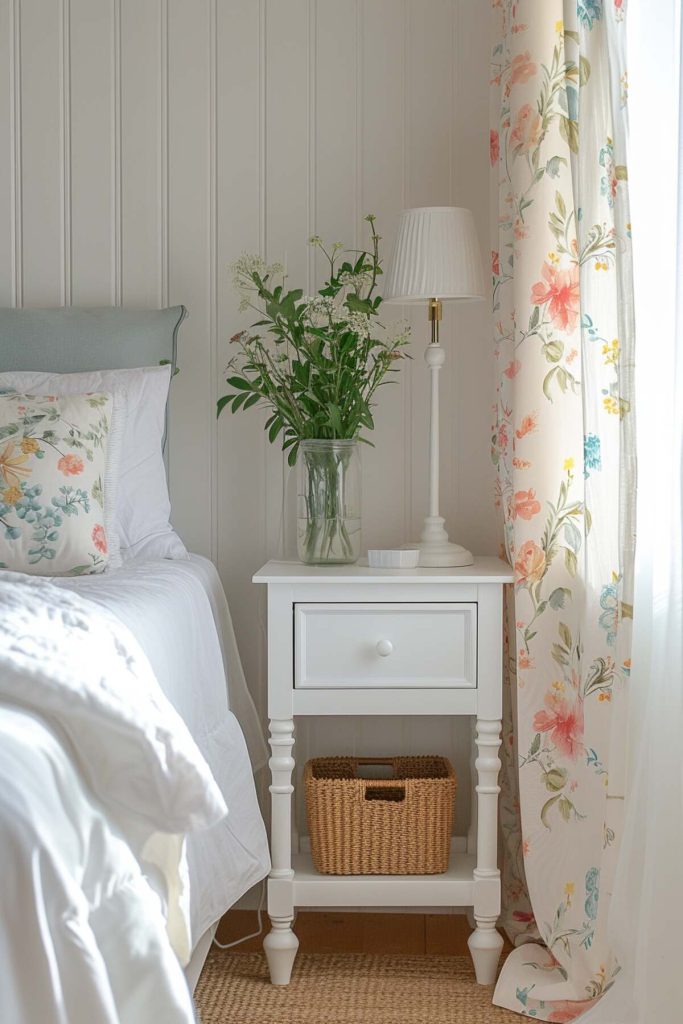 A white country-style bedside table with a slim traditional lamp, a vase of delicate gypsophila flowers and a practical wicker basket underneath 