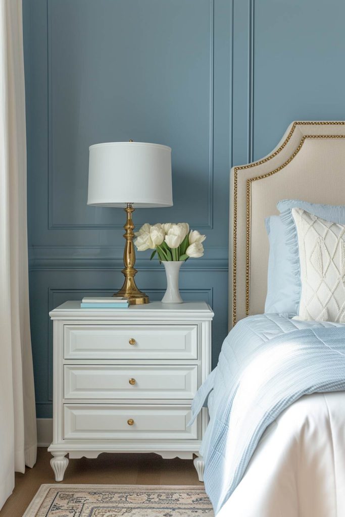 A white bedside table with a lamp with a gold base and artificial white tulips in a light gray vase