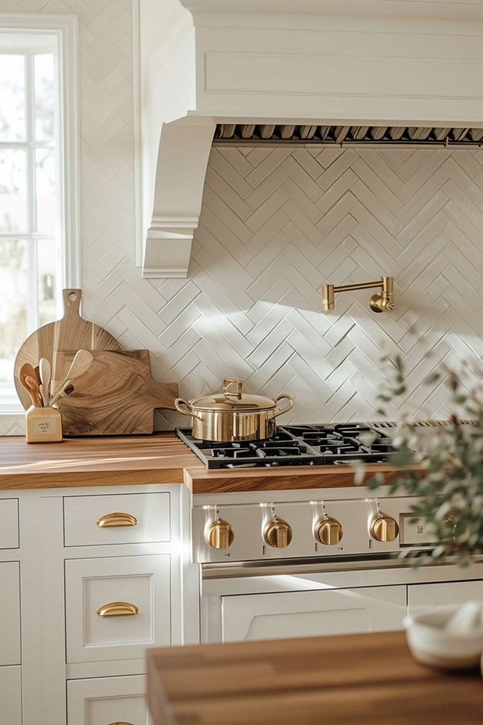 a kitchen with a ceramic herringbone backsplash complemented by butcher block countertops