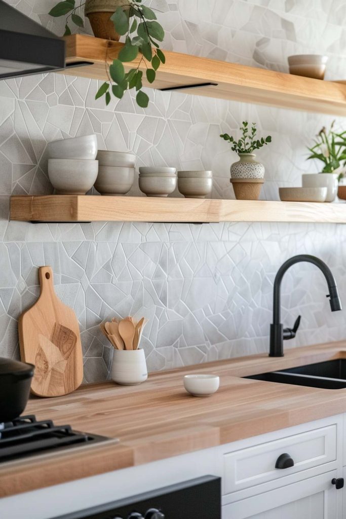 a kitchen with a gray geometric backsplash and light butcher block countertops