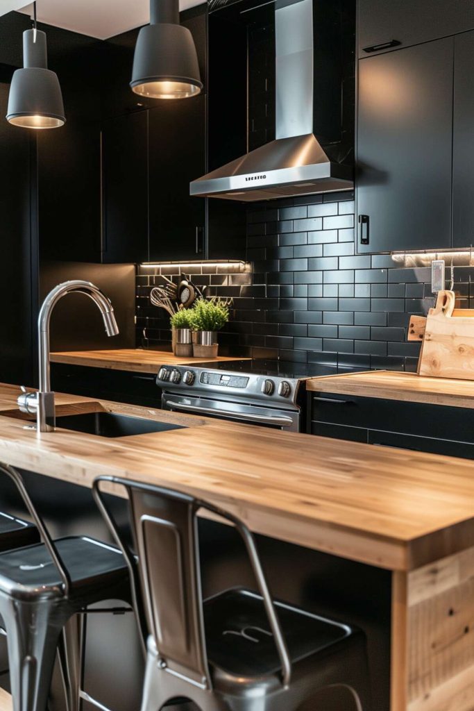 a kitchen with polished butcher block countertops and a sleek black backsplash