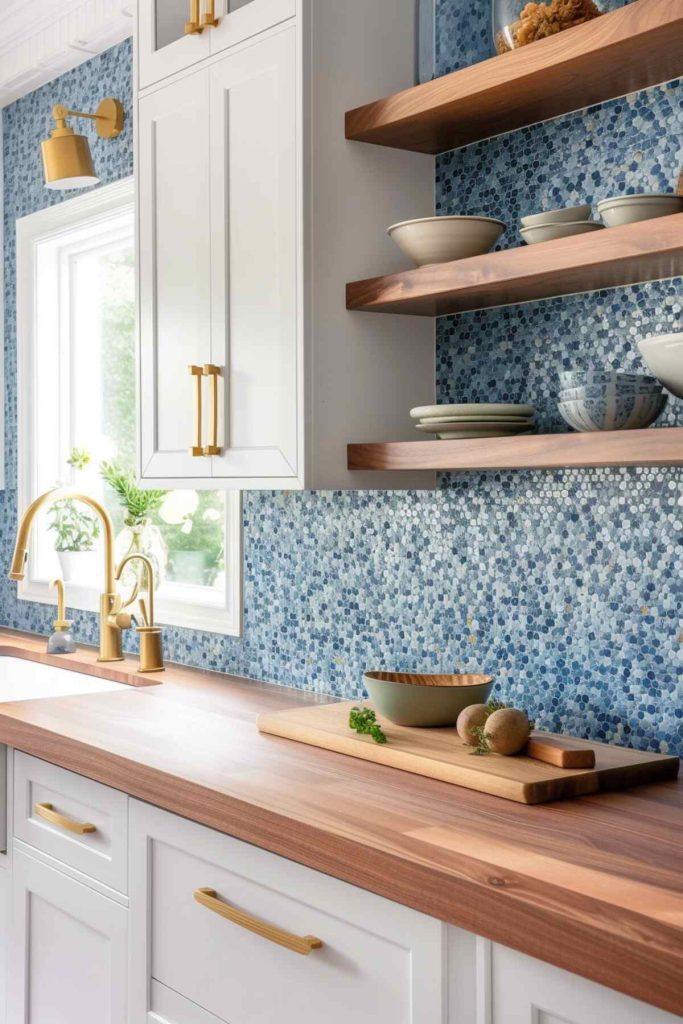 a kitchen with a blue mosaic tile backsplash and butcher block countertops