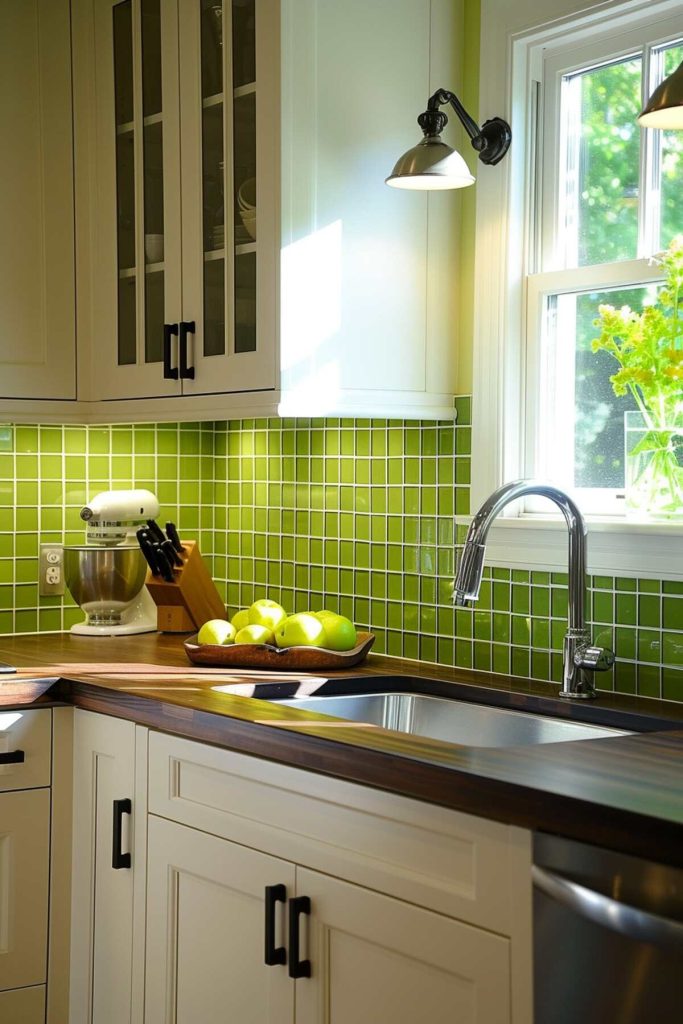 a kitchen with a green glass tile backsplash and a dark butcher block countertop