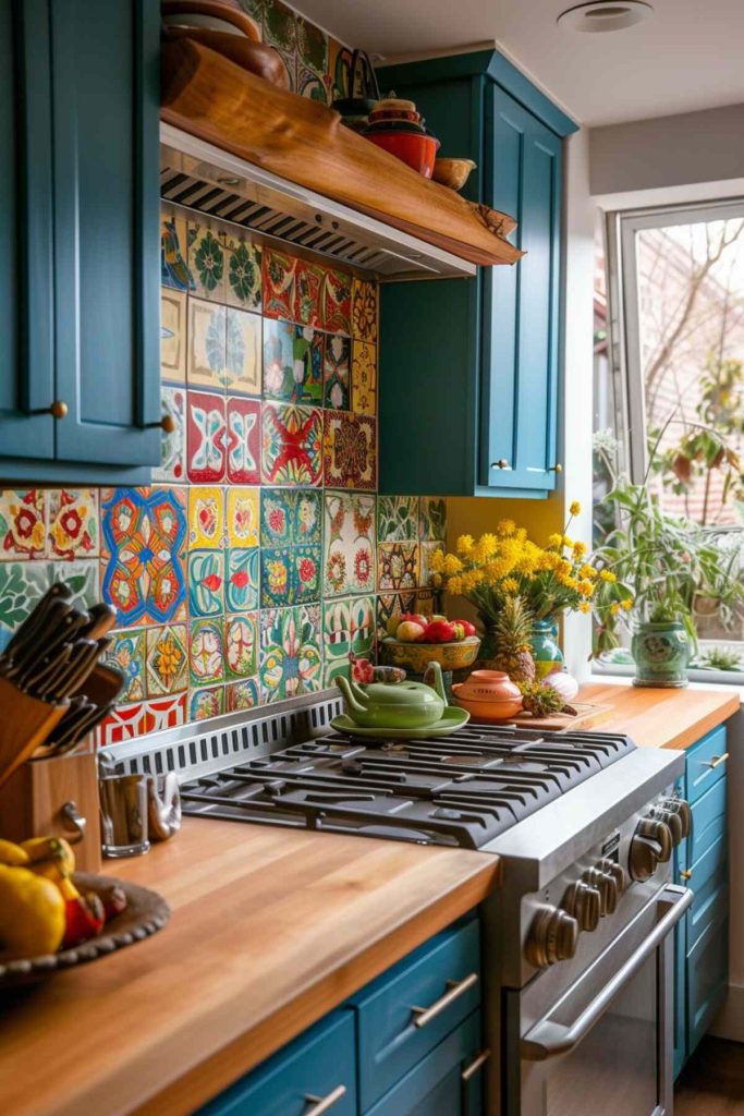 a kitchen with a hand-painted tile backsplash and painted butcher block countertops 