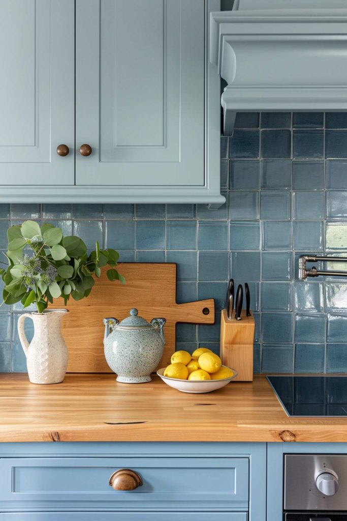 A kitchen with a blue ceramic tile backsplash pairs beautifully with honey-colored butcher block countertops