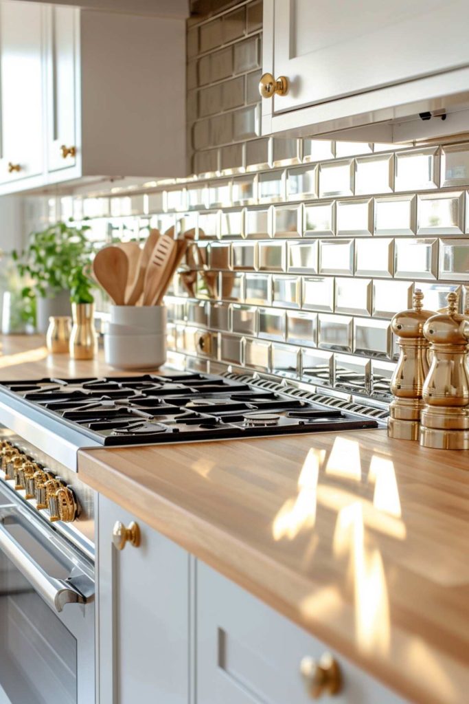 a kitchen with warm, honey-colored butcher block countertops against a mirrored subway tile backsplash