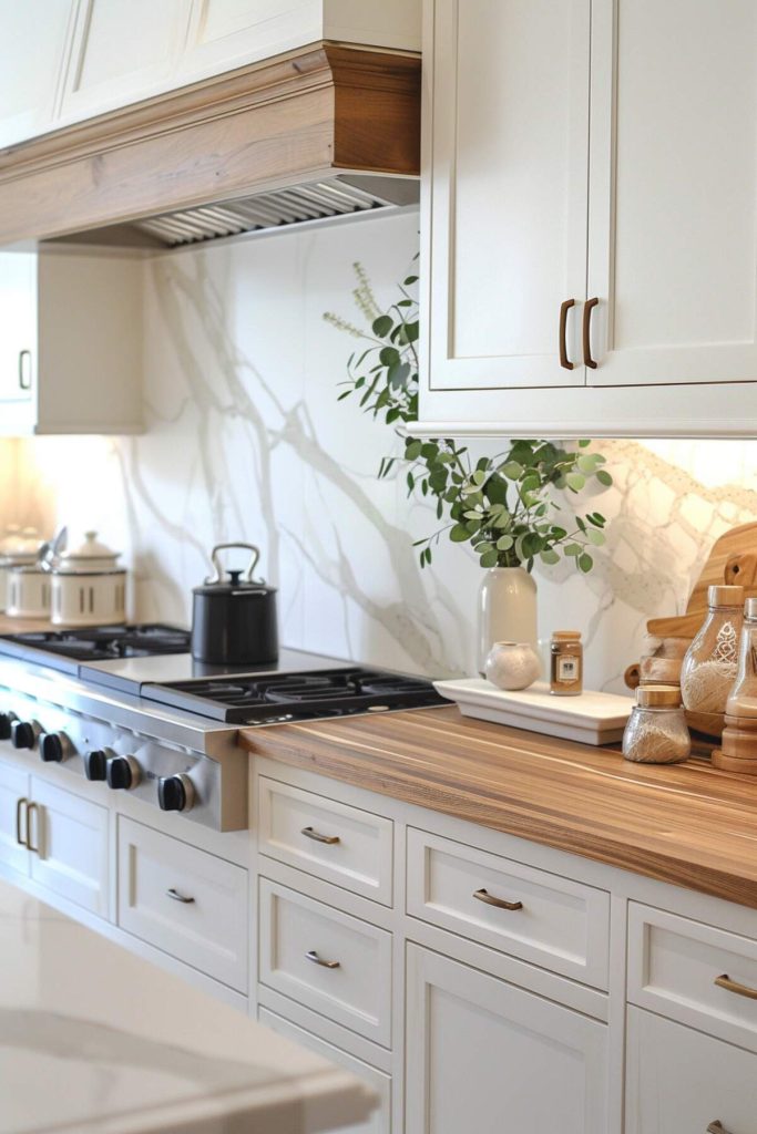 a kitchen with a white quartz backsplash creating a serene stage where the detailed butcher block countertop is adorned with essentials