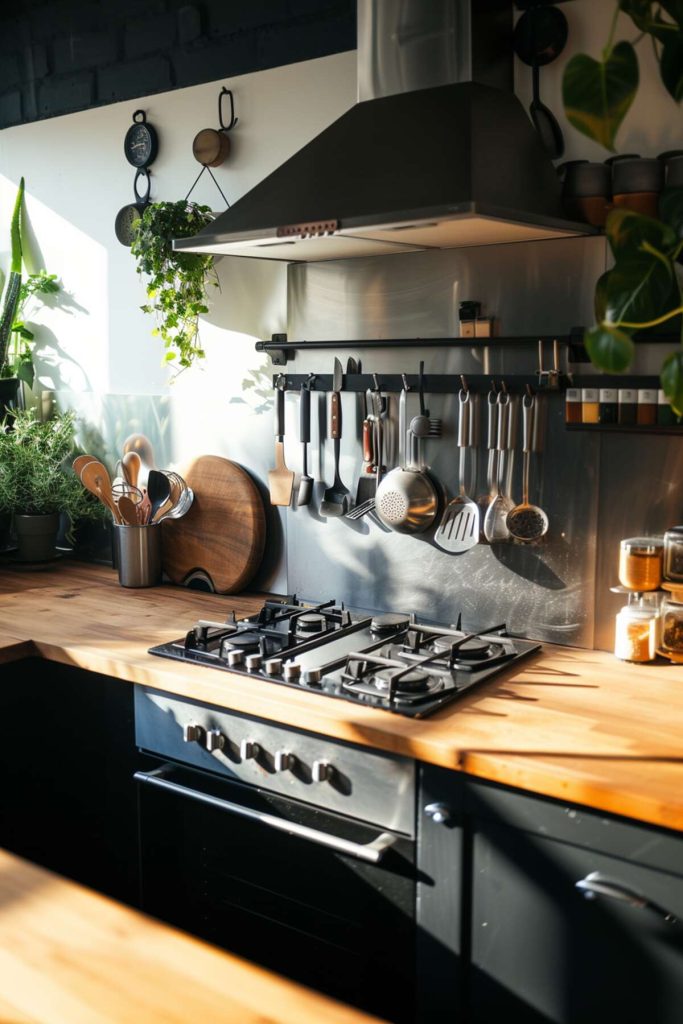 A kitchen with a sleek industrial oasis with a <a href=