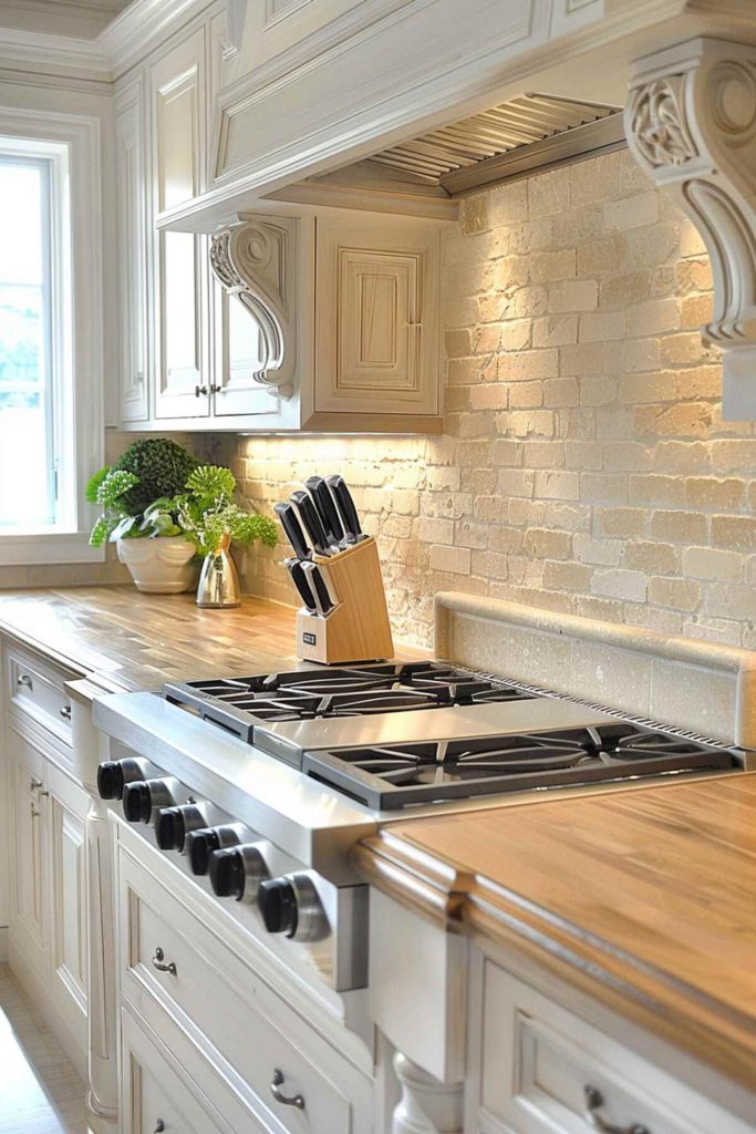 A kitchen with a limestone backsplash pairs with a sealed light wood block countertop