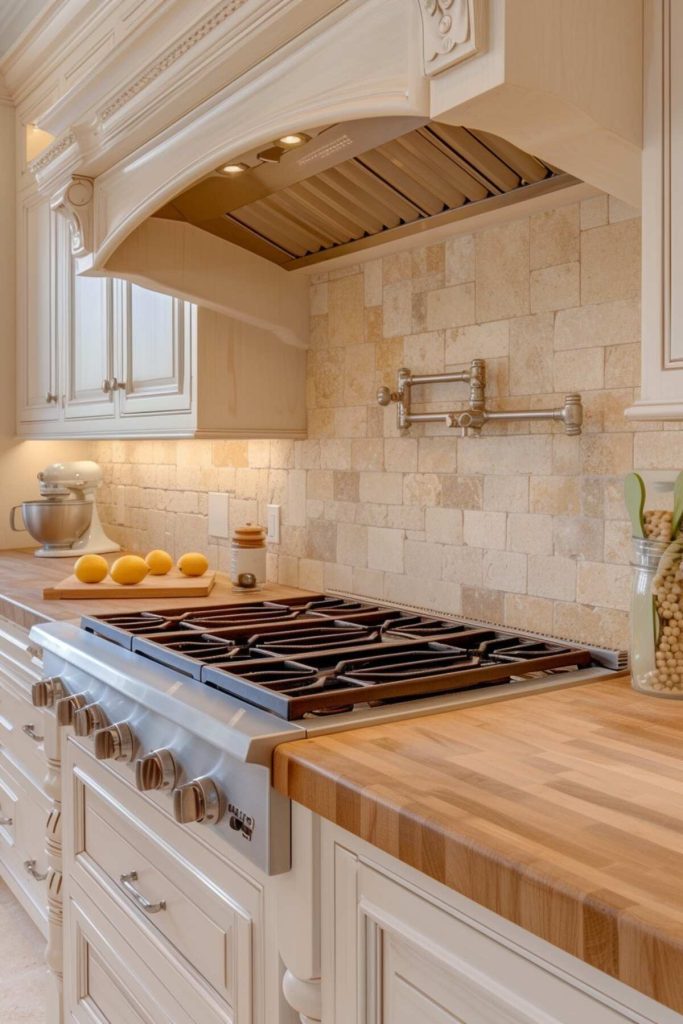 a kitchen with beige stone tile backsplash and butcher block countertop