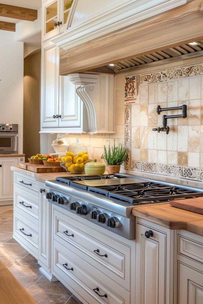 a kitchen with a tiled backsplash that showcases floral and marble patterns over a butcher block countertop, as well as ornate crown molding and traditional cabinetry