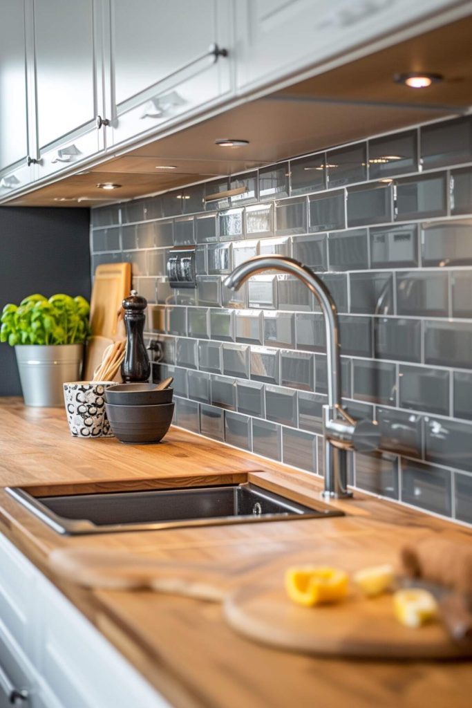 A kitchen with a backsplash of glossy gray tiles adds a modern glow to the warm butcher block countertop