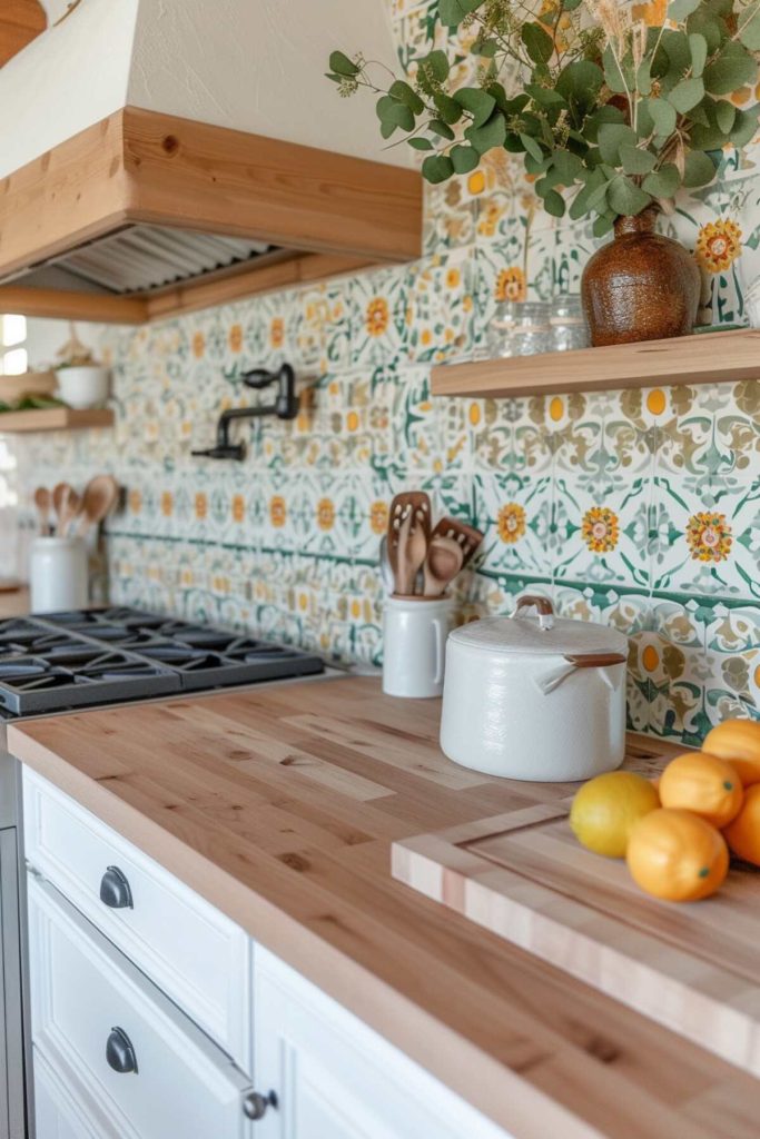 a kitchen with a colorful floral tile backsplash that serves as a backdrop to the butcher block's sealed countertop