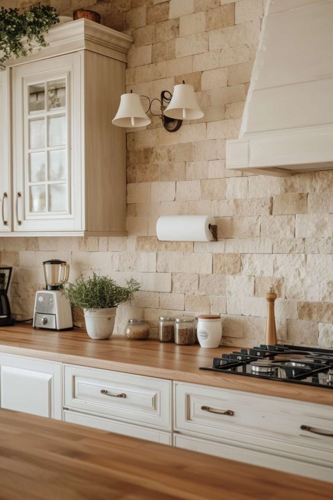 A timeless style kitchen with a beige stone tile backsplash and sealed butcher block countertop