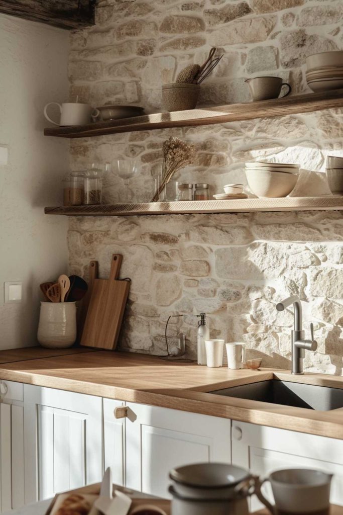 a kitchen with a diamond pattern tile backsplash paired with a light wood block worktop