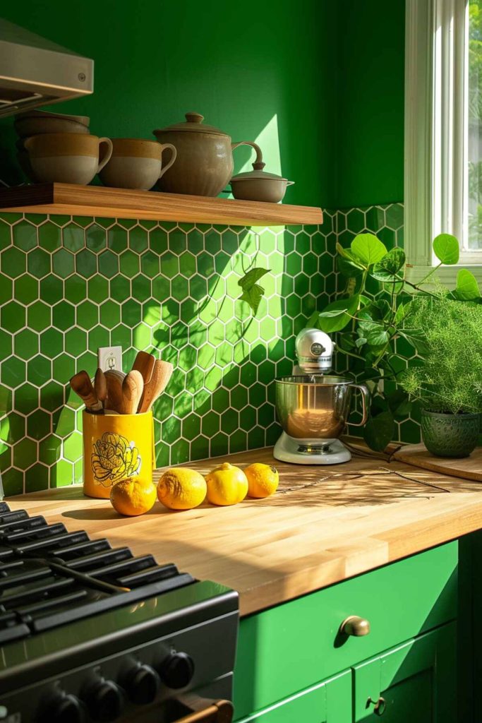 A kitchen with a cheerful green hexagonal tile backsplash that complements the natural warmth of a butcher block countertop