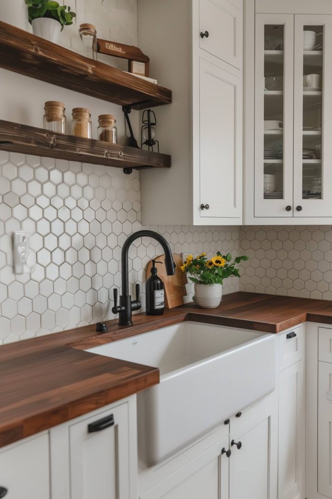 as a kitchen with a textured slate backsplash that meets the warm and intriguing grain of a butcher block worktop