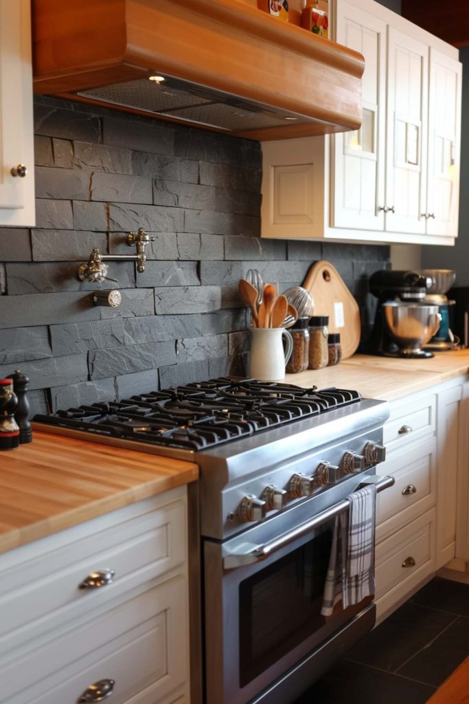 A kitchen with a stone backsplash pairs beautifully with a classic wooden butcher block countertop