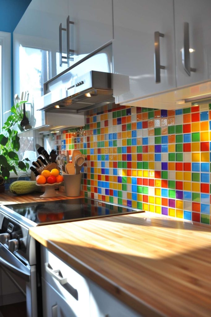 A modern kitchen with a colorful glass tile backsplash that pairs perfectly with a warm butcher block countertop