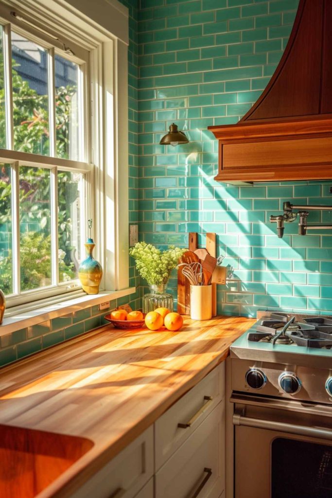 a kitchen with a turquoise subway tile backsplash with a polished wood block countertop, eclectic decor like a two-tone blue and yellow vase and fresh live plants