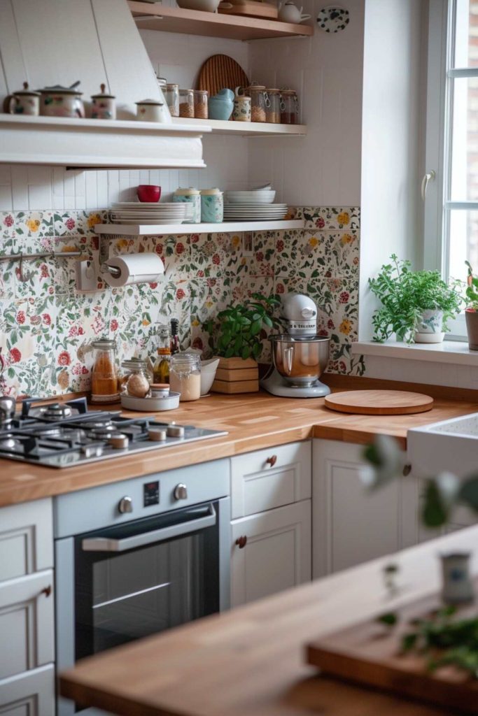 a kitchen with a floral tile backsplash and a natural wood block countertop