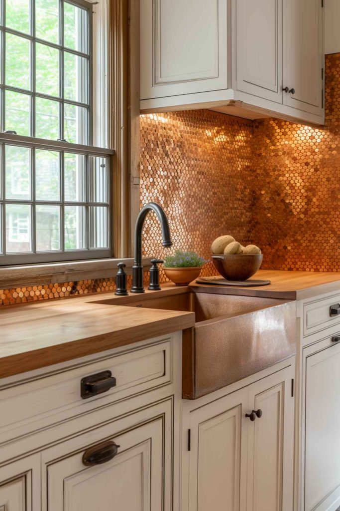 A kitchen with a gleaming copper tile backsplash that highlights the warm tones of a wood block countertop