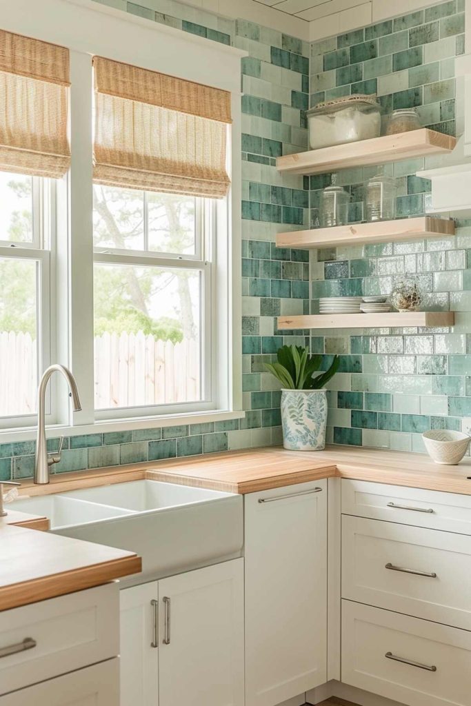 a kitchen with a glazed green tile backsplash paired with a blonde butcher block countertop