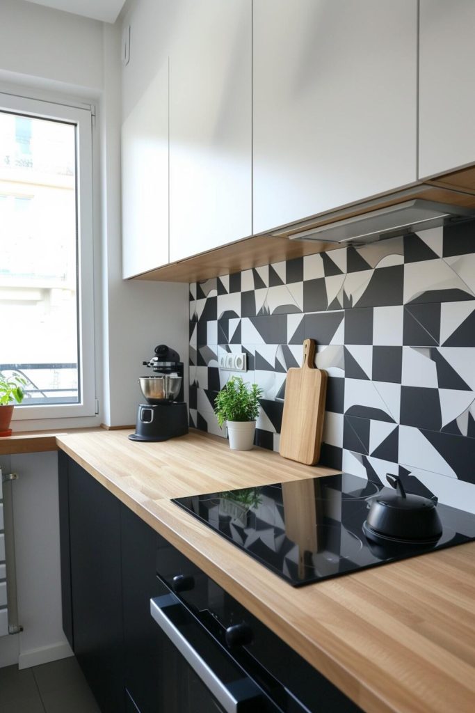 A modern kitchen with a black and white geometric backsplash that contrasts with the wooden butcher block countertop