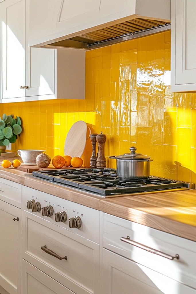 a kitchen with a bright yellow backsplash and a light butcher block countertop