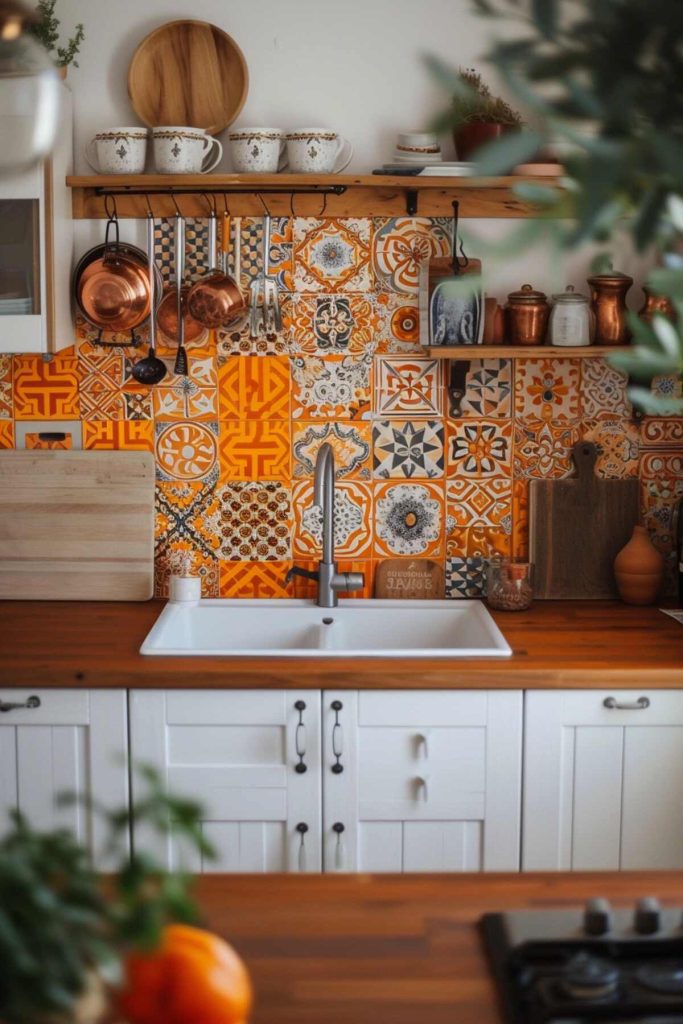 A kitchen with a splashback made of orange ceramic tiles with an intricate pattern, complemented by a wooden block countertop