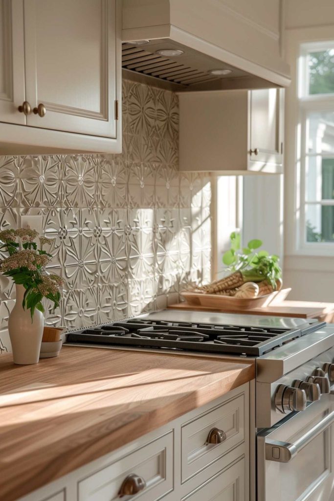 a kitchen with a laser-cut tile backsplash resting on a smooth butcher block wood countertop