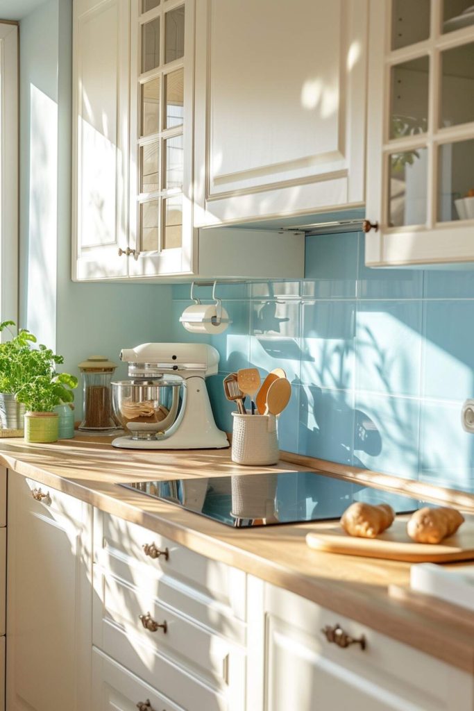 a kitchen with a sky blue tile backsplash and a blonde wooden butcher block countertop