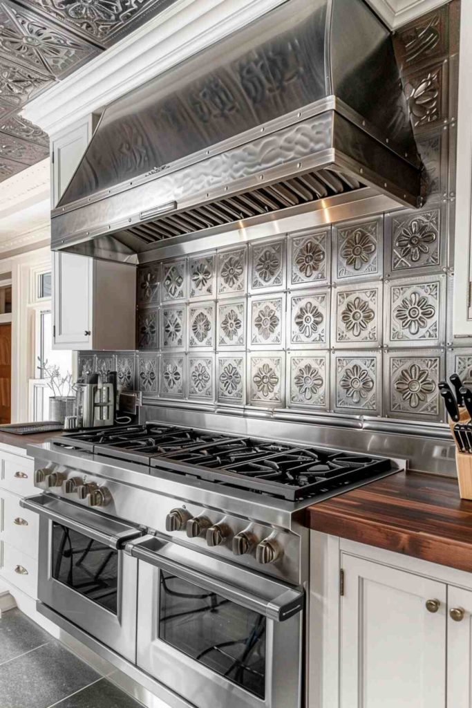 a kitchen with an intricate engraving on the metal backsplash and a mahogany butcher block countertop