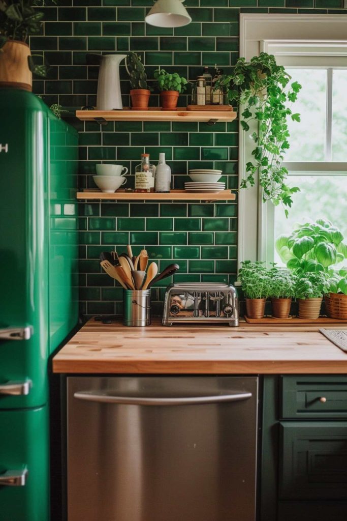 a kitchen with a glossy emerald green subway tile backsplash and maple butcher block countertop