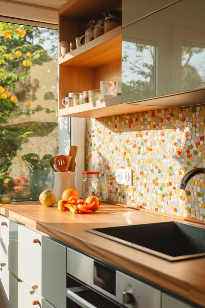 a kitchen with a splashback made of colorful mosaic tiles and a worktop made of wooden blocks