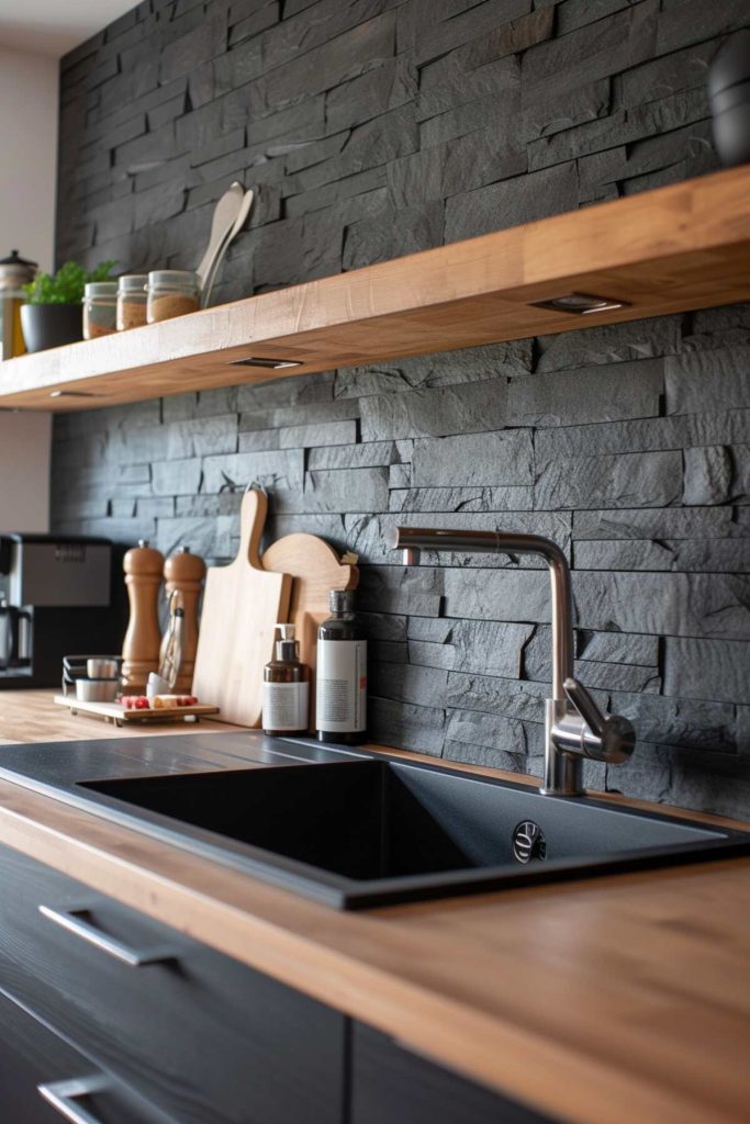 a kitchen with a gray slate backsplash, fronted by a log worktop and a heavy wooden shelf