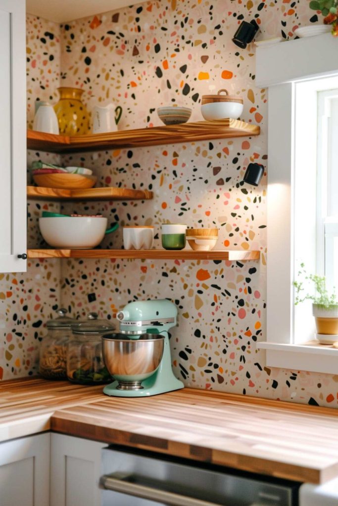 a kitchen with a terrazzo tile backsplash and a wooden block worktop