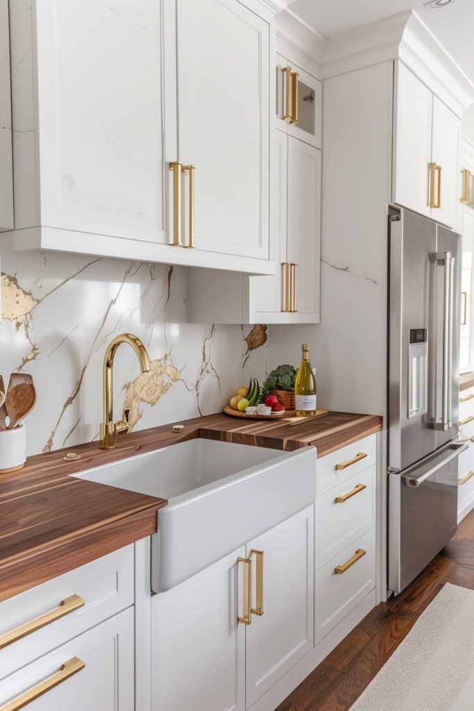 a kitchen with a white and gold marble backsplash paired with a dark wood block countertop