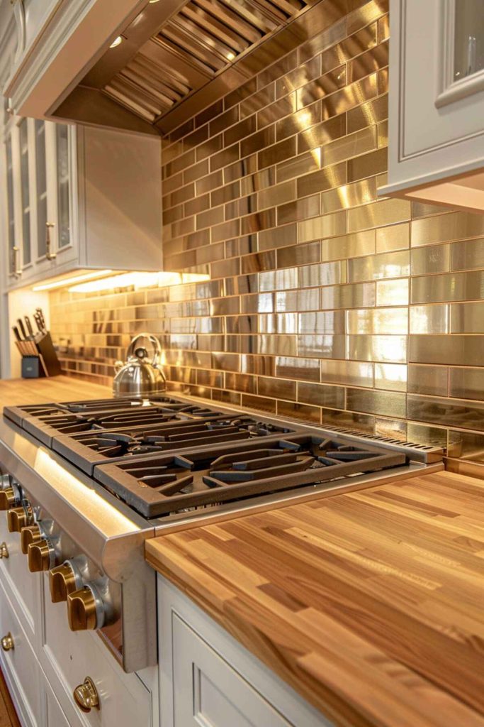 A kitchen with an ash worktop set in front of a dazzling gold tiled splashback