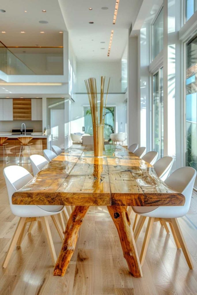 A dining room with a long wooden table, white chairs and tall decorative branches in the middle. Large windows provide natural light and a kitchen area is visible in the background.