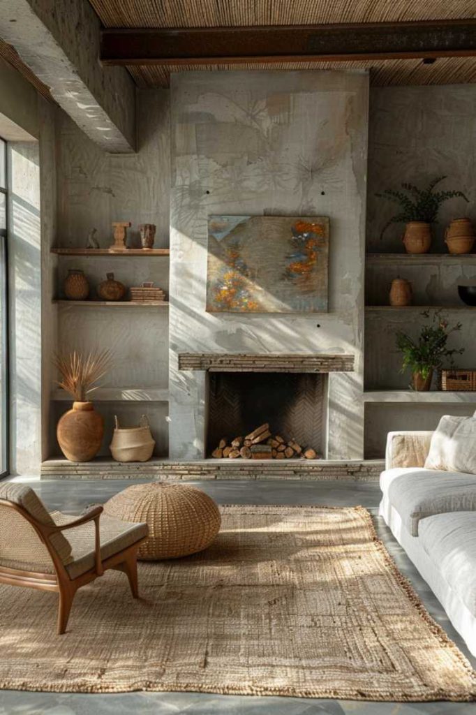 A living room with a rustic, earthy design featuring wicker furniture, a textured beige rug, a painting above the fireplace, and decorative pottery on built-in shelves.