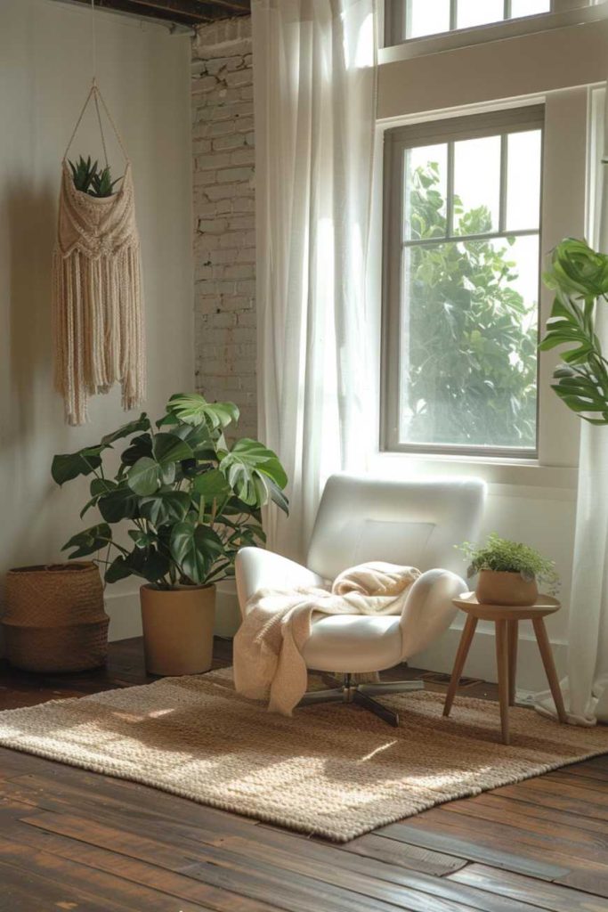 A cozy room with a white armchair, a small wooden table, potted plants, a hanging macrame planter and a large window with sunlight streaming in through sheer curtains.