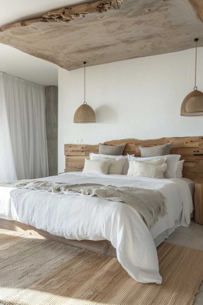 A cozy bedroom features a large bed with white linens and several pillows, a wooden headboard, hanging woven pendant lights and a natural fiber rug on the floor. The ceiling has a rustic wood accent.