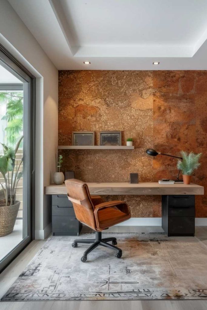 A modern workspace with a wooden desk, swivel chair and built-in shelves. The wall behind is decorated with textured brown panels. A sliding glass door opens up a view of the greenery.