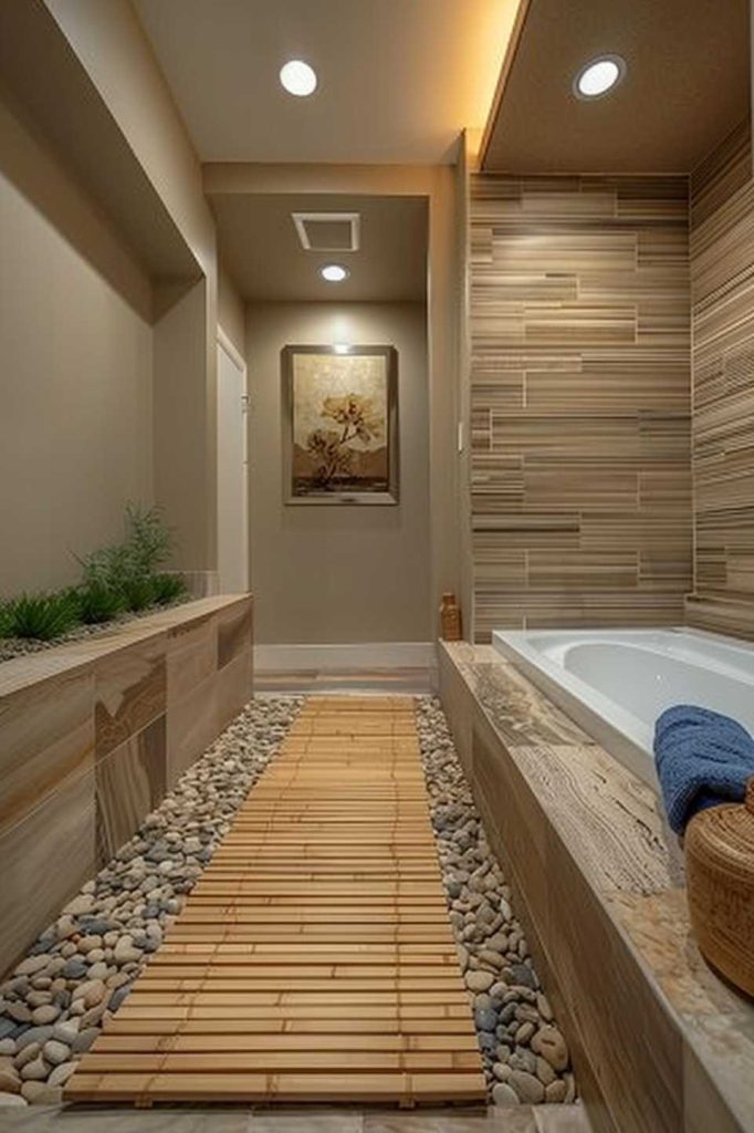 A modern bathroom with a bathtub, stone pebbles, wooden mat walkway and wall-mounted artwork under recessed lights.