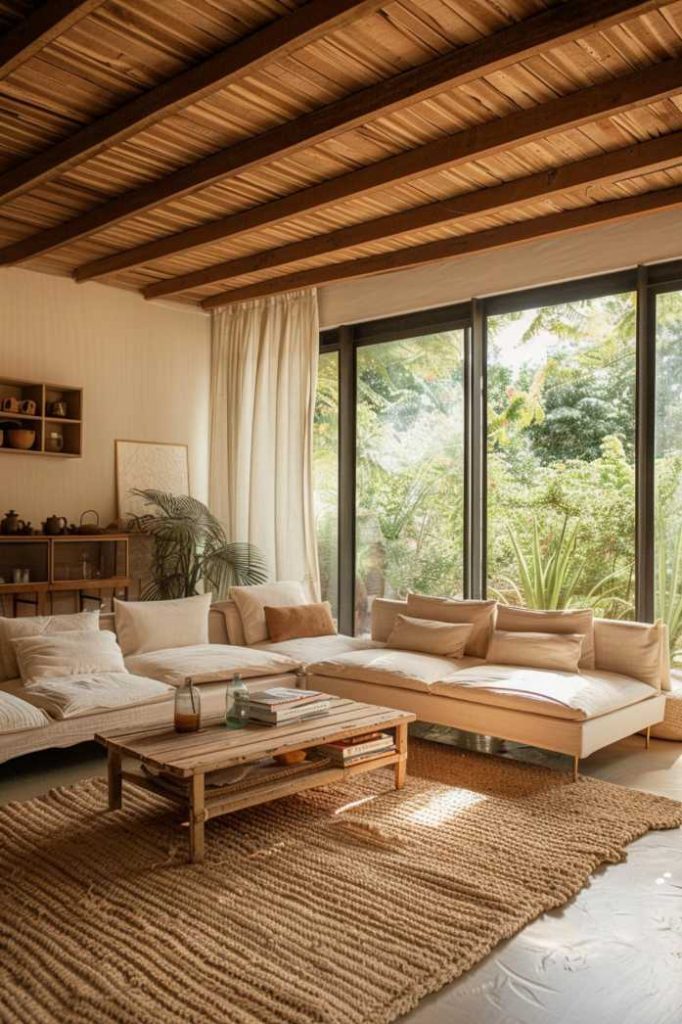 A cozy living room with a large sofa set, a wooden coffee table and a jute rug. The room features floor-to-ceiling windows overlooking the lush greenery outside and a wooden ceiling.