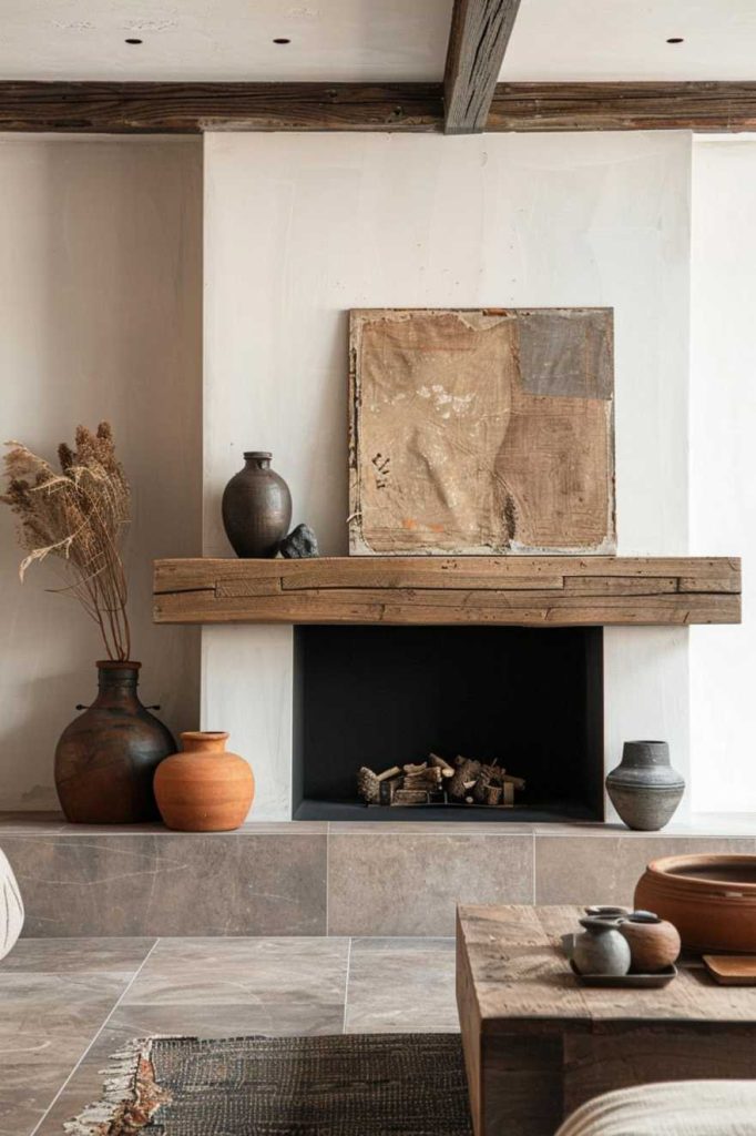 A rustic fireplace with a wooden mantel displaying a mix of ceramics and an abstract painting. The fire pit is surrounded by vases of different sizes and a stack of firewood in the firebox.