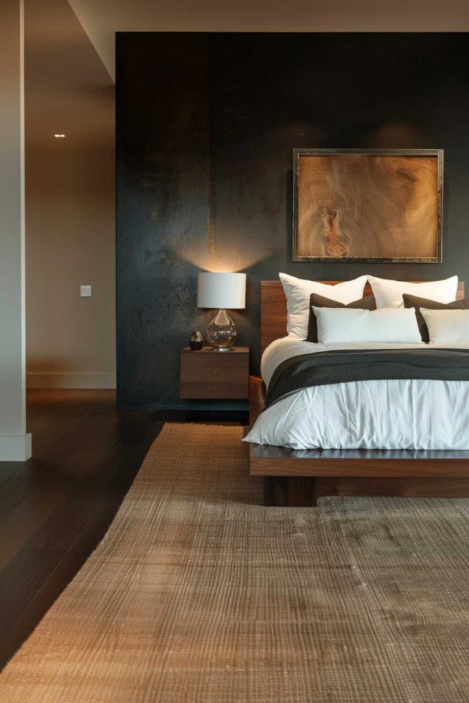 Modern bedroom with a wooden bed frame, white and brown bedding, a side table with a glass lamp, a painting above the bed and a textured rug on the dark wooden floor.